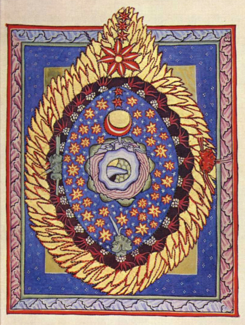 Grabado artístico de Hildegarda de Bingen, El Universo, Icono religioso iluminado, Cosmos, Huevo cósmico, Arte feminista, Gaia, Arte mural místico, Mandorla